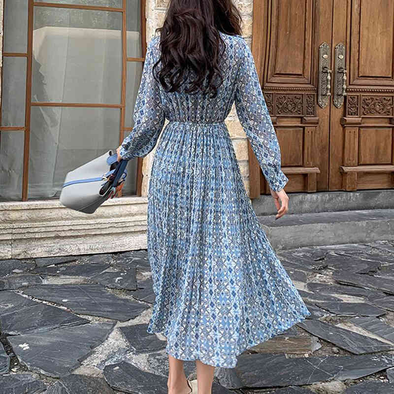 Elegant Stand Collar Floral Print Midi Dress Women Vintage Long Sleeve Vestido Casual Chiffon Pleated Dress Ruffles Party Dress 210521