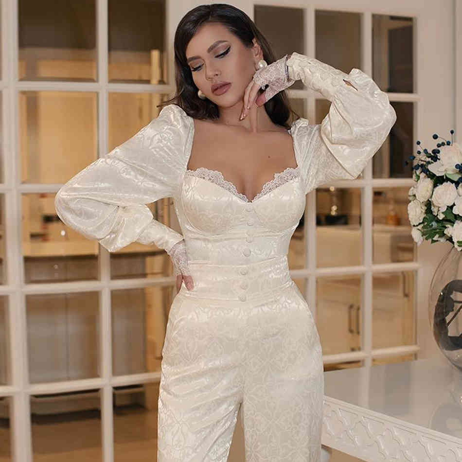 Winter Women White Long Sleeve Jumpsuits Sexy Lace Full Pants Buttons Club Celebrity Bodysuits 210423