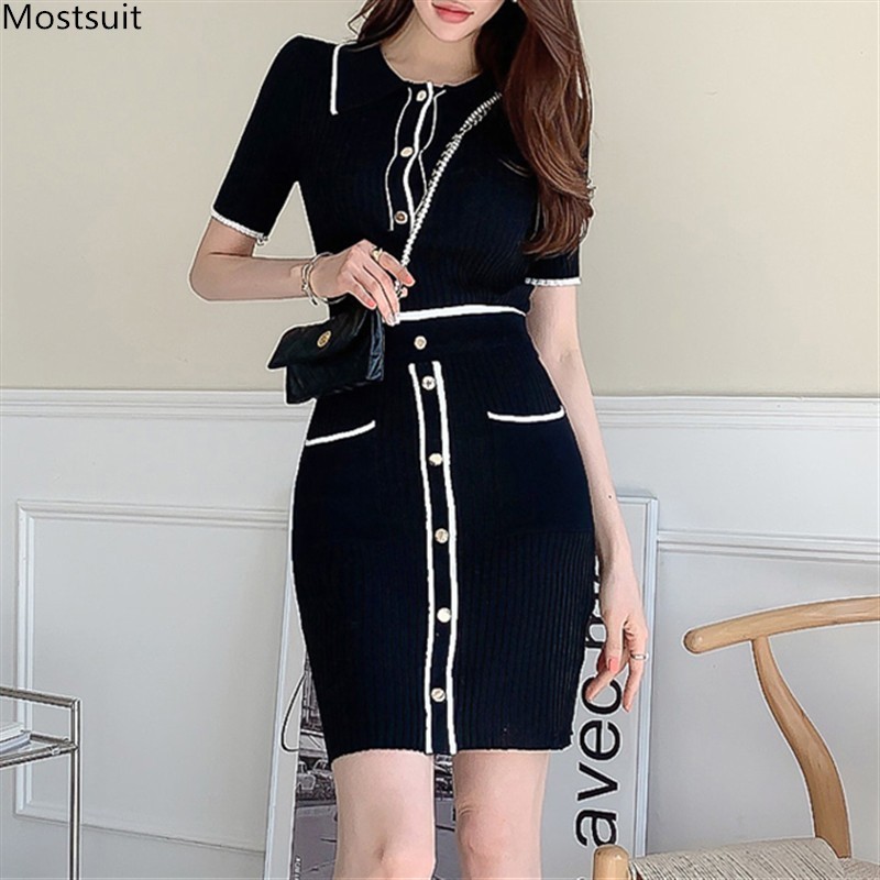 Summer Vintage Knitted Skirt Set For Women Elegant Two Piece s Short Sleeve Sweater Tops & Mini Skirts Suits Korean 210514