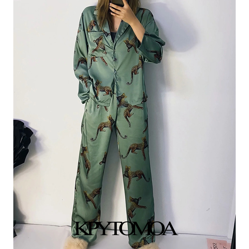 Women Fashion Animal Print Loose Button-up Blouses High Elastic Waist Ankle Trousers Female Sets Mujer 210420