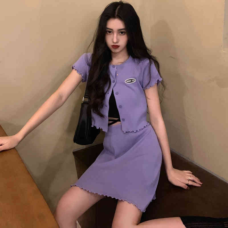3colors two pcs set summer autumn korean style slim knitted cardigan+mini skirt 2pcs set women clothing set (C1300 210423