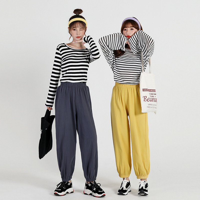 Summer Cotton and Linen Knickerbockers Women's Casual Sports Thin Radish Loose Solid Elastic Waist Harem Pants 210428