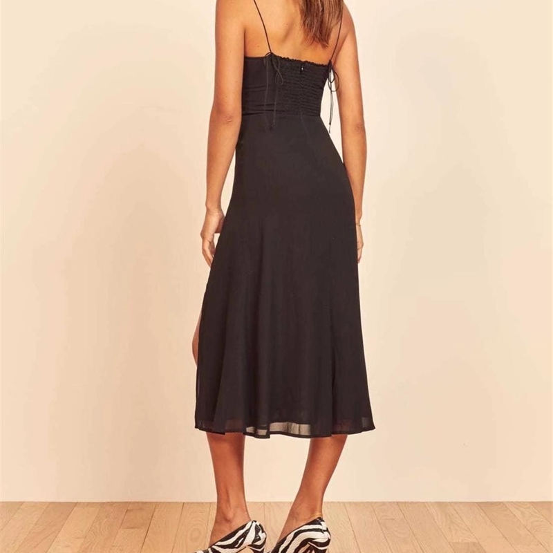 French Women Dress Solid Black Color Bandage Lacing up Spaghetti Strap Mid-Calf Slit Dresses Party Fashion Female Clothes 210429