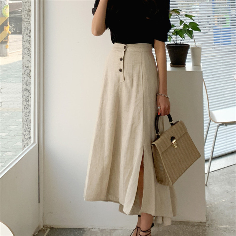 High Waist Skirts Womens Summer OL Elegant Vintage Stylish Solid Cotton Linen A-Line Irregular Split Long Skirt 210421