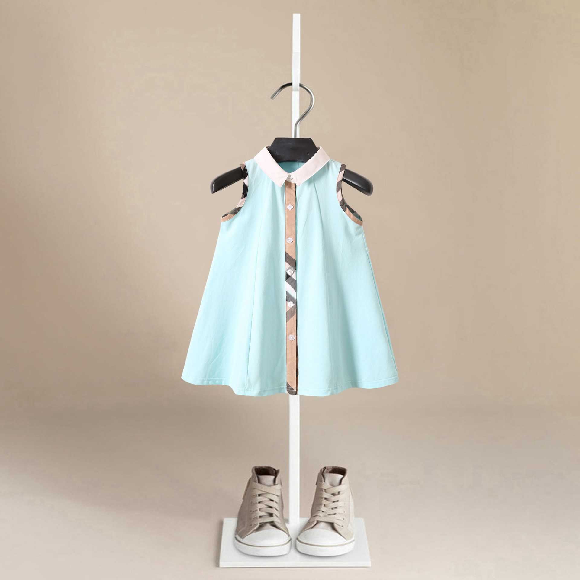 2021 Summer Baby Clothes Bebe Girls Dress Plaid Kids Stripe Style Dresses Casual Sleeveless Lapel Girls Clothes Q0716