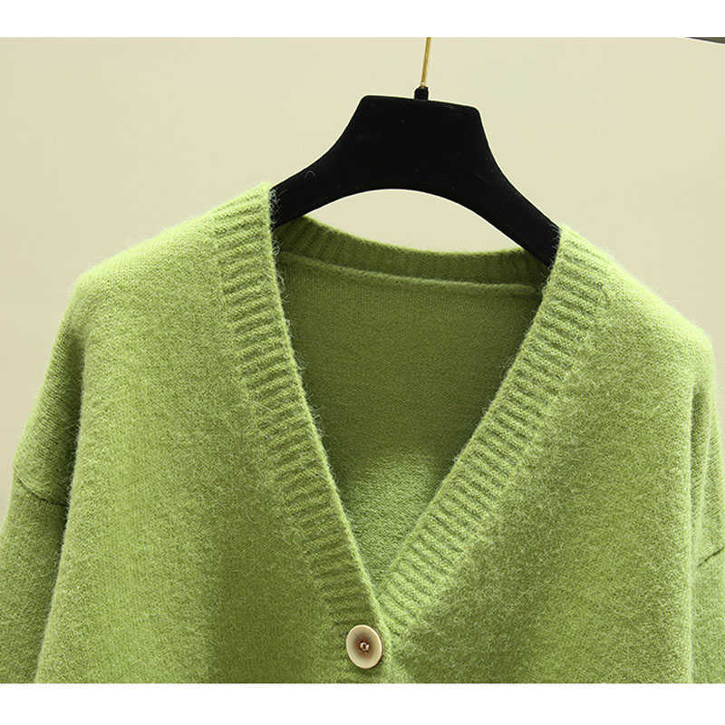 OHRYIYIE Autumn Knit Female Oversize Cardigan Women Loose Casual V Neck Knitted Sweater Fall Coat Lady Green 210914