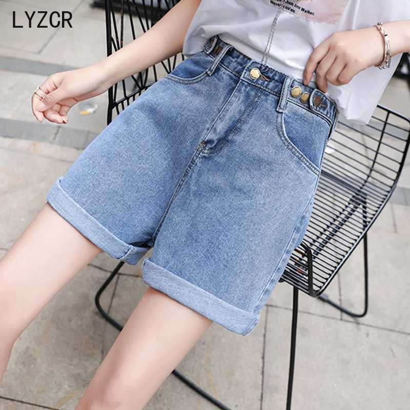 LYZCR Women's Jeans Shorts with High Waist Ladies Summer Wide Leg Denim Short Loose Casual Button 210714