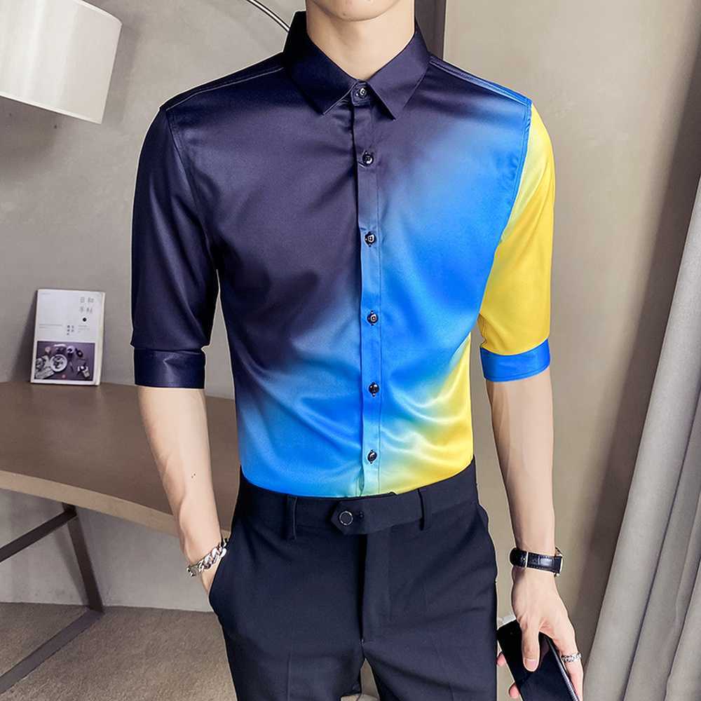 Summer Half Sleeve Shirts Men Gradient Printed Slim Fit Casual Shirt Male Business Formal Dress Shirts Social Party Blouse 210527