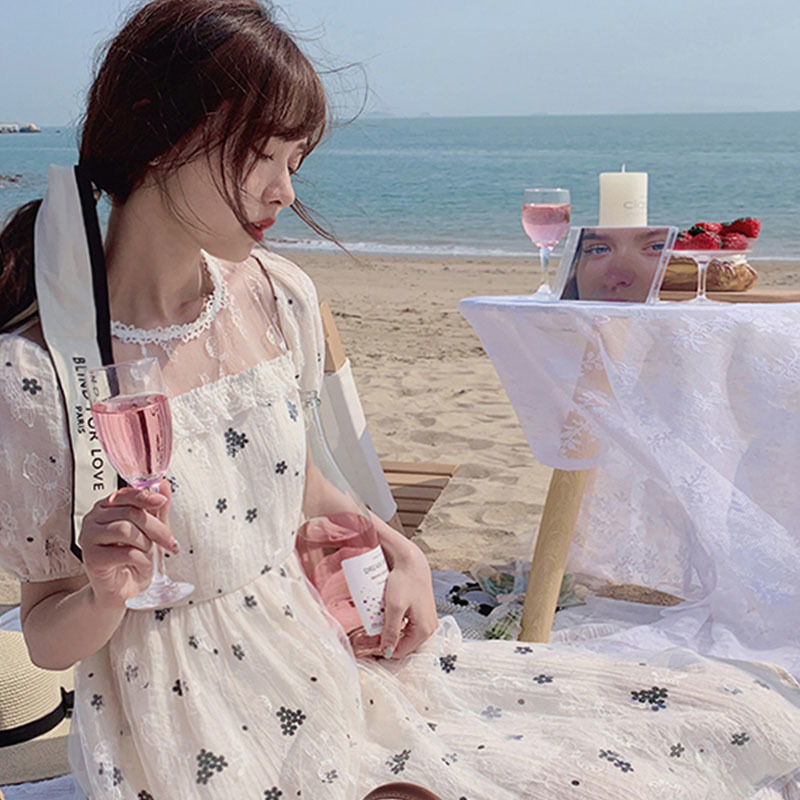 Summer Elegant Vintage Dress Women Casual Beach Party Dress Korean Short Sleeve Floral Midi Dress Female Lace 210521