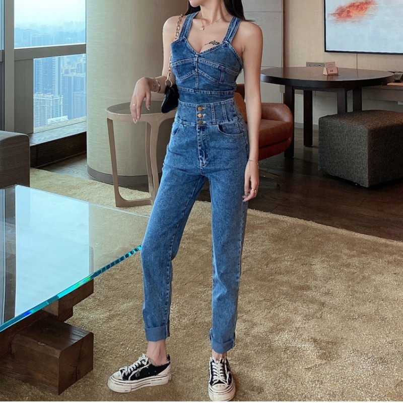 Summer Women Two Pieces Set Sexy Cross Backless Denim Short Tank Tops + High Waist Pencil Pants Suit Fashion Jeans Outfits 210519