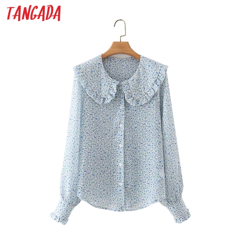 Women Retro Flowers Print Oversize Collar Long Sleeve Chic Female Blouse Shirt Tops 2M12 210416