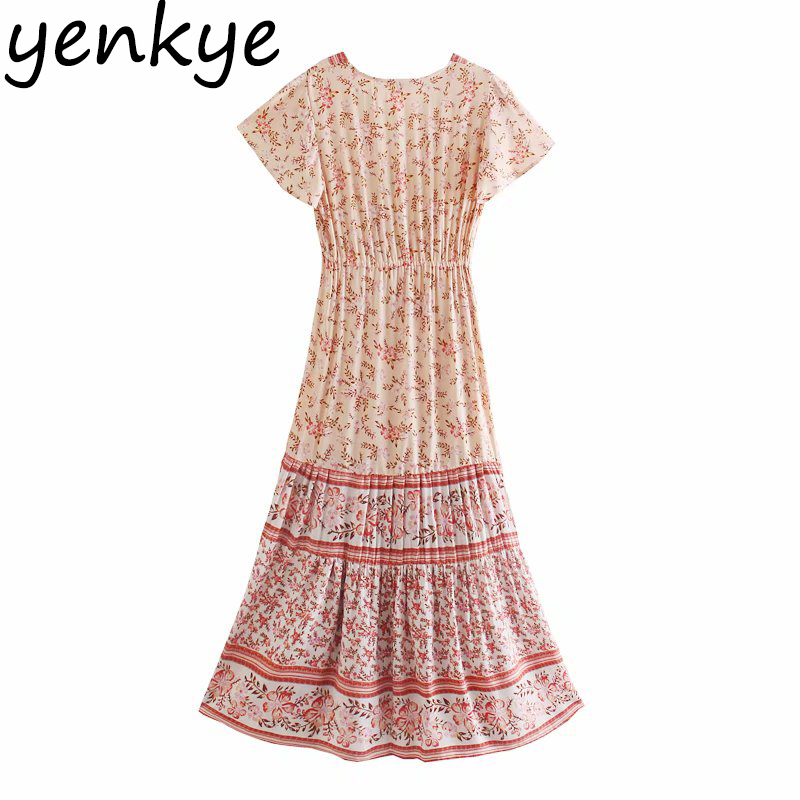 Holiday Boho Long Maxi Dress Women Short Sleeve Drawstring Waist Floral Print Vestido Mujer A-line Casual Summer Dresses 210430