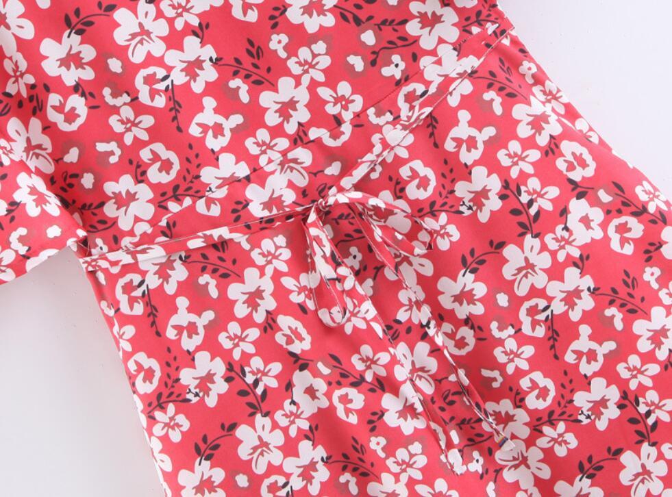 Vintage Red Floral Print Ruffles Hem Lacing Up Waist Women Dress Deep V Neck Beach Dresses Casual 210429