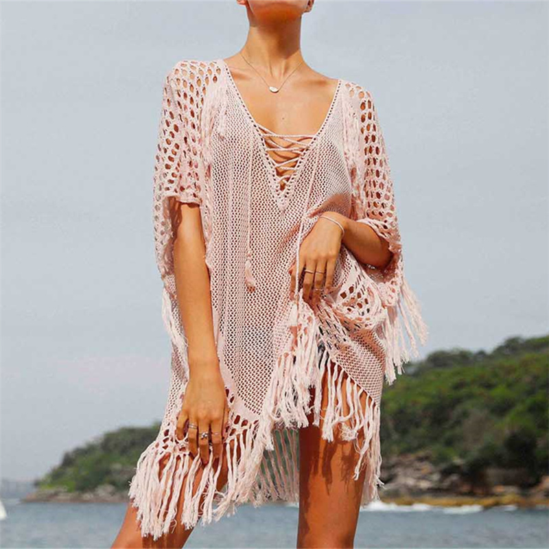 Arrivals Sexy Beach Cover up Pink Crochet Robe de Plage Pareos for Women Swim Wear Saida Praia Beachwear Coverups #Q195 210420
