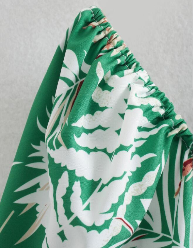 Holiday Green Tropical style Leaves Print Long Sleeve Dress Retro Elegant Women Square Collar A line Short Dresses Vestido 210429