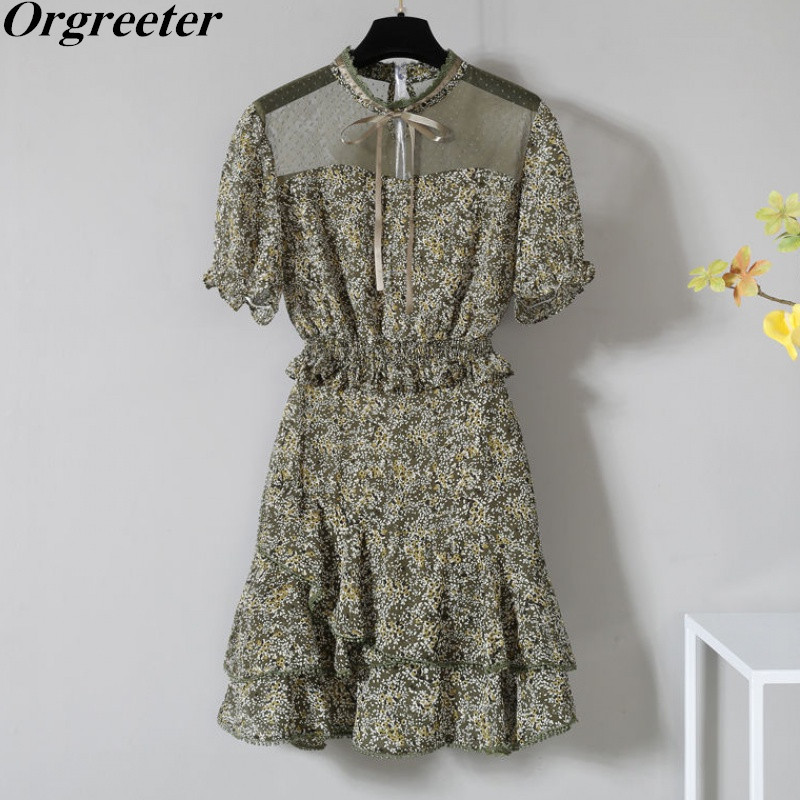 Summer Lace Trim Floral Printted Chiffon Two piece set Female Outfits Stand collar Tie Shirt Tops and Ruffles Mini Skirt Set 210525, Green
Summer Lace Trim Floral Printted Chiffon Two piece set Female Outfits Stand collar Tie Shirt Tops and Ruffles Mini Skirt Set 210525, Green
