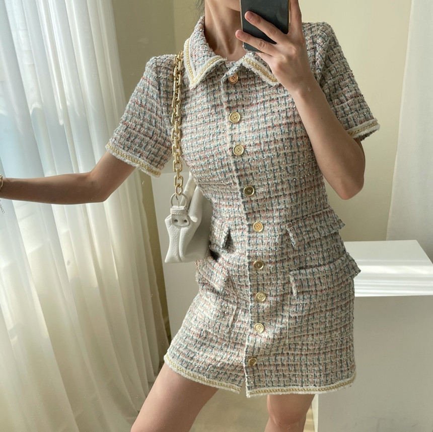 Retro Plaid Tweed Dress Runway Women Short Sleeve Single-Breasted Casual Bodycon Slim Dresses Vestidos 210518