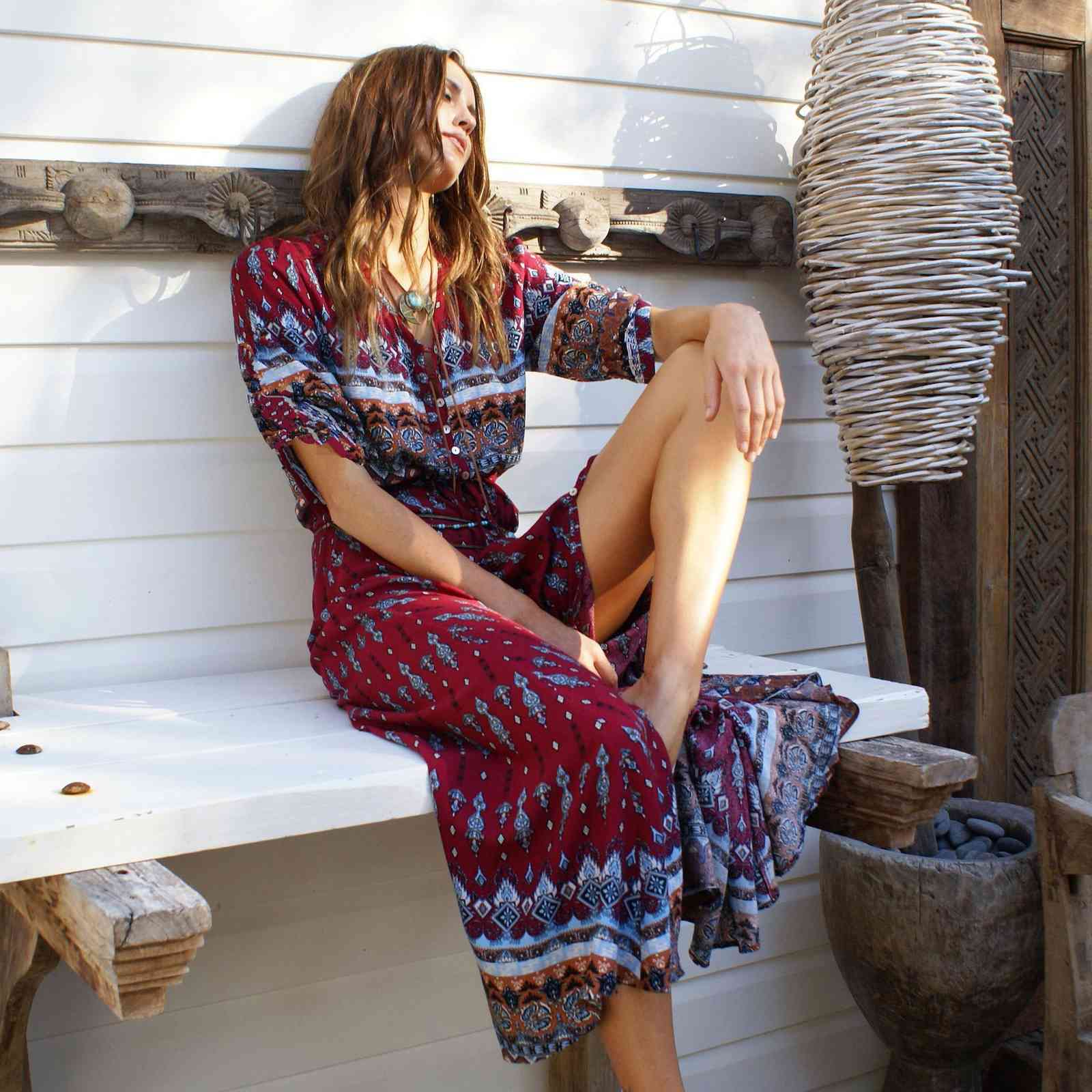 Foridol Print Boho Summer Dress Plus Size Half Sleeve Beach Casual Button Up Cotton Dress Maxi Holiday Vinatge Loose Dress 210415