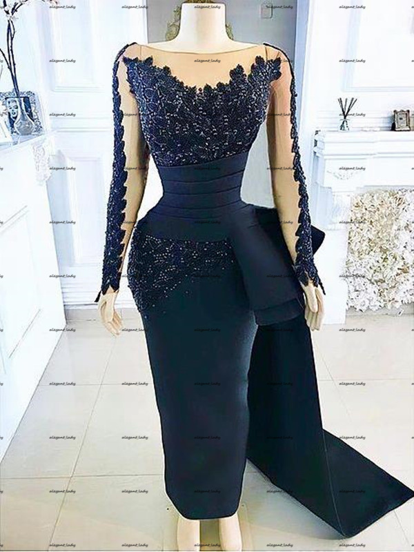 Navy Blue Long Sleeve Prom Formal Dresses 2022 Lace Stain Peplum Side Train Arabic Aso Ebi Lace African Evening Dress Robes