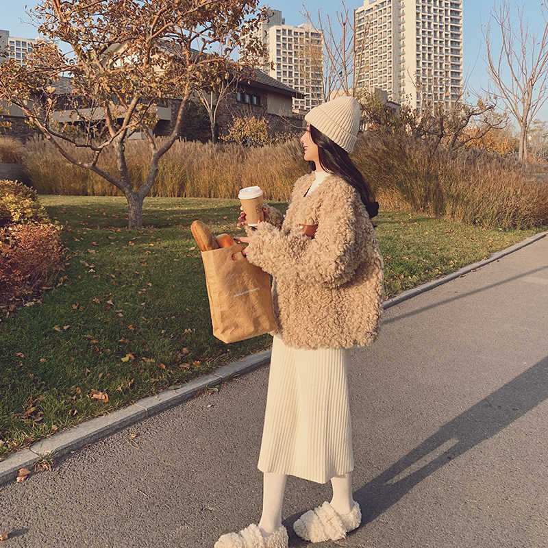 Yedinas Winter Faux Fur Coat Women Casual Warm Jacket Plush Teddy Female Pocket Overcoat Elegant Outwear 210527