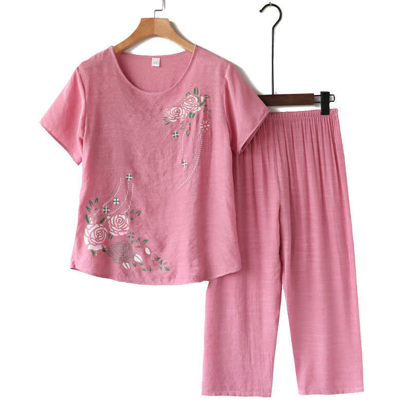 Home Mom Nightie Linen Cotton Female Colorful Set Of Two Fashion Pieces Short Sleeve Casual Brief Loose Women Pajama Big Size 210924