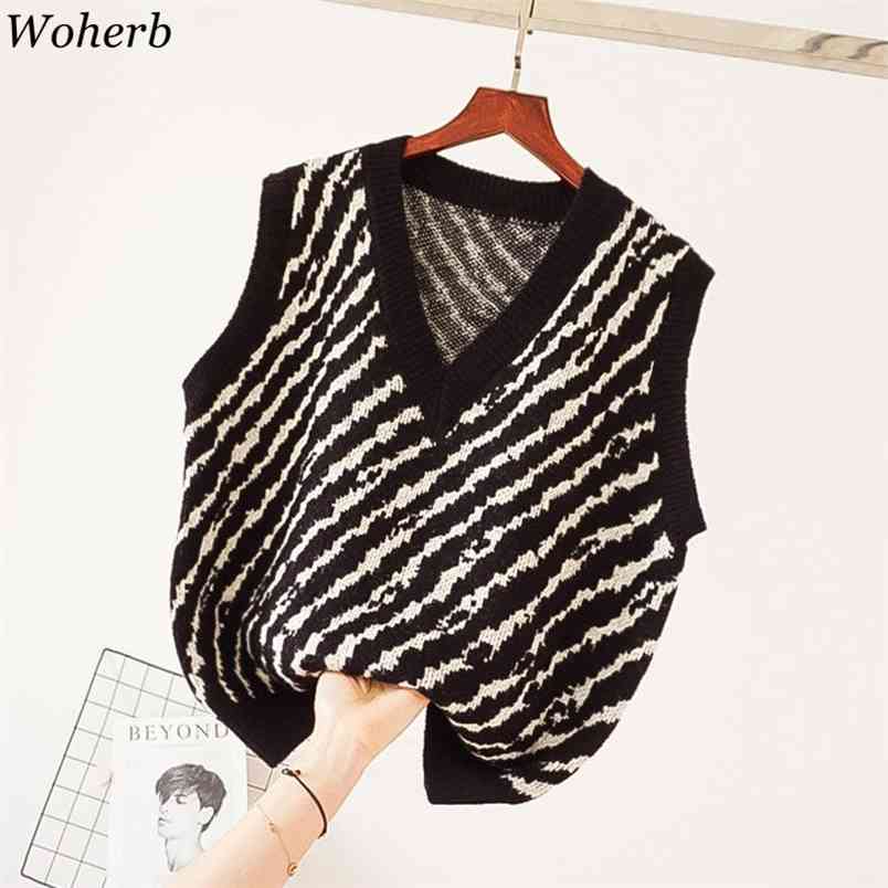 Zebra Pattern Vintage Knit Sweater Vest Women Fashion Sleeveless V-Neck Casual Tank Tops Autumn Pullovers 94099 210519