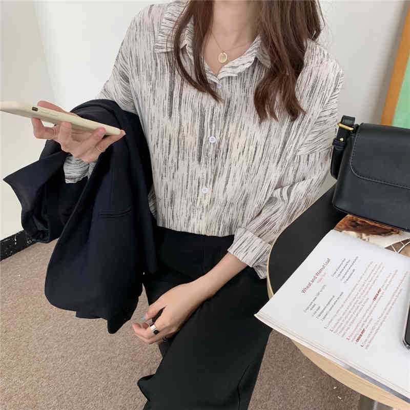 Green Full Sleeves Office Lady Striped Tops OL Casual Summer Brief Printed Lapel Vintage Outwear Femme Shirts 210421