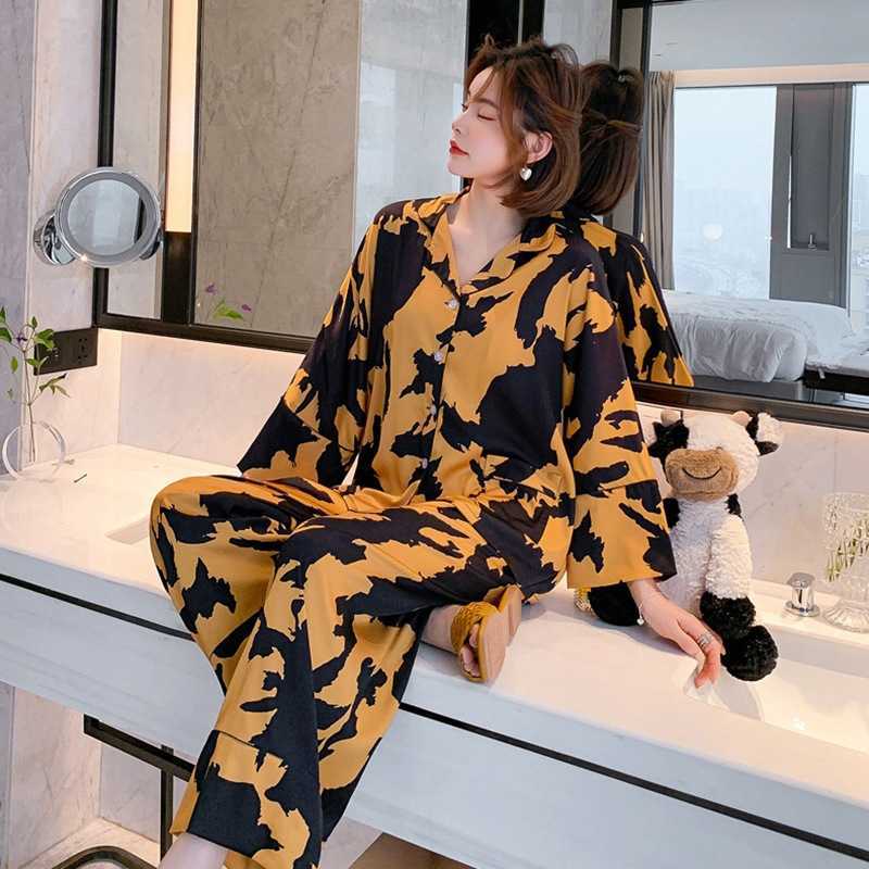 pyjamas loungewear Sleepwear silk Women's home clothes two piece sets nighty for ladies Long Sleeve Sleeping Shirt 210924