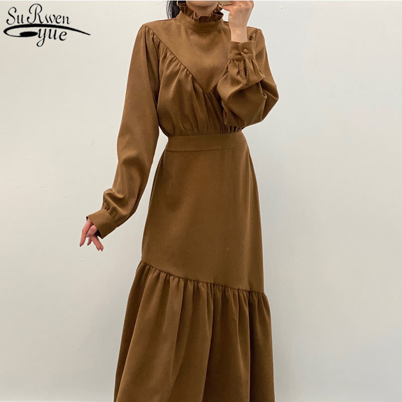 Korea Irregular Ruffled Waist Straps Women Dress Long Sleeve High Pleated Vestido Female 12802 210427