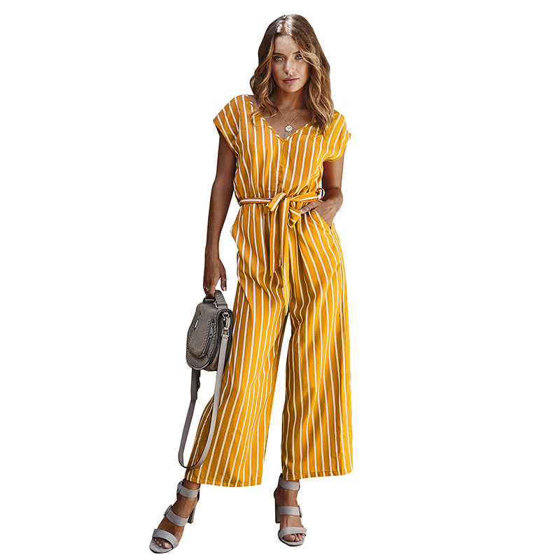 women summer jumpsuits Fashion strip printed wide leg Cotton Straight Striped Lace Up High Waist Womens Jumpsuit 210524