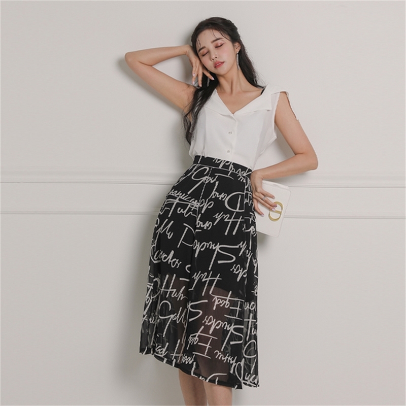 Vintage Elegant 2 Pieces Set Women Summer Sleeveless Chiffon Blouses + High Waist Black Letter Print Skirts Suit 210519