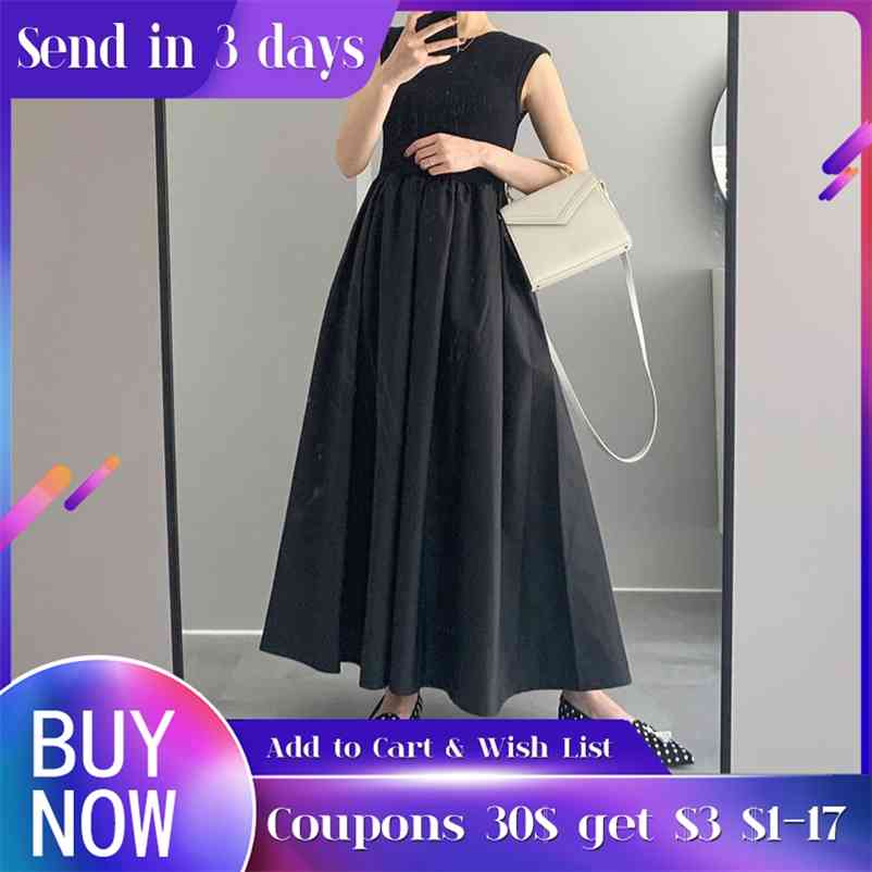 Dress New Koear Style Cap Sleeve Mid Waist Ankle-Length A-Line Pullover Round Neck Spring Summer Fall Suit Casual Girl 210331