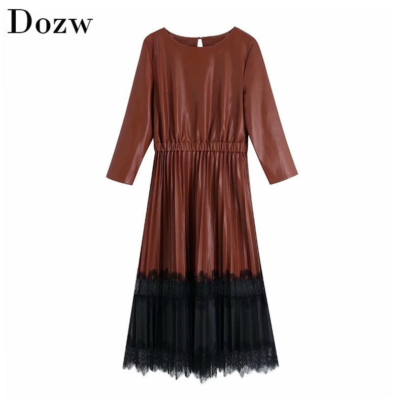Vintage Lace Patchwork Pu Leather Women Dress Ladies Three Quarter Sleeve Pleated Midi es Fashion Elastic Waist Long 210515