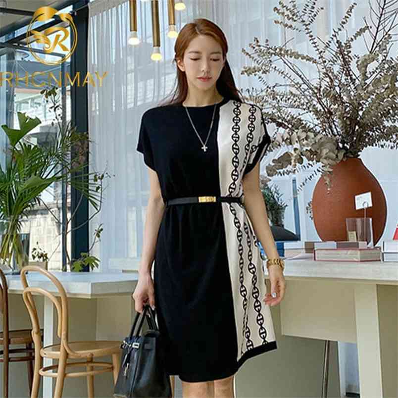Summer Dresses Women Casual Short Sleeve O-Neck Loose Dress Female Vestido Plus Size Print With Belt 210506