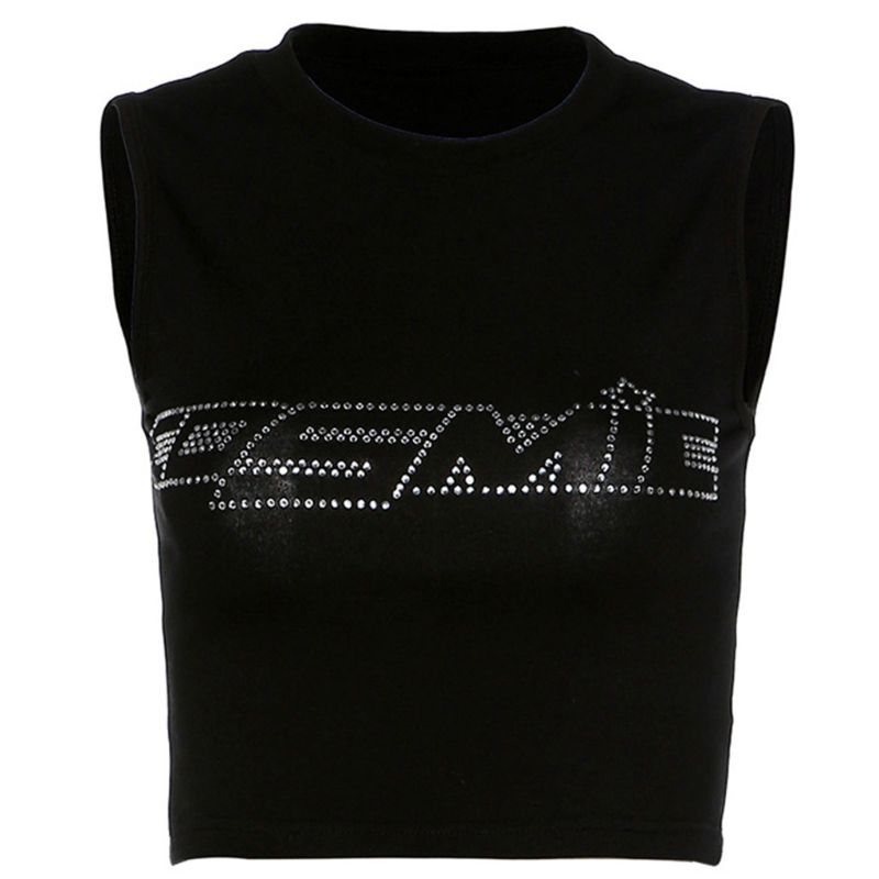Women Summer Short Sleeve/Sleeveless Crop Top Hot Drill Rhinestone Cosmic Letter T-Shirt Navel Slim Vest Club Streetwear 210406