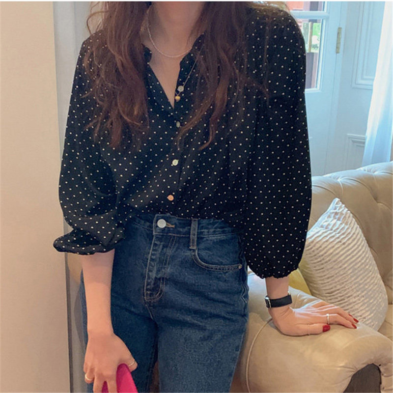All Match Sweet Polka Dots Chic High Street Vintage O-Neck Brief Gentle Elegance Office Lady Fresh OL Shirts 210421