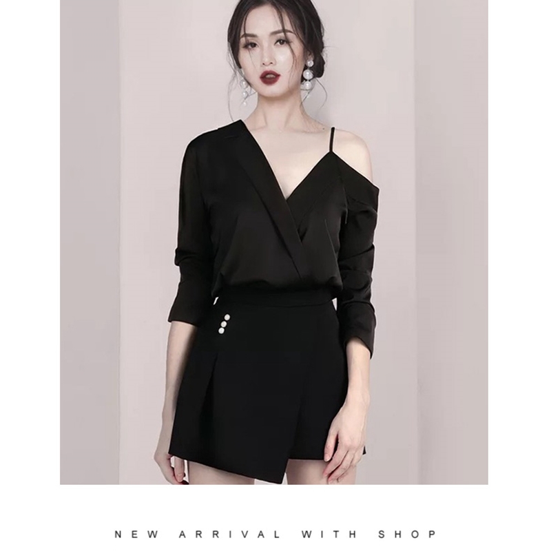 Women Runway Pant Suits Summer Fashion Black Long Sleeve Off Shoulder Blouse Shirt + Beading irregular Short Pants Set 210519