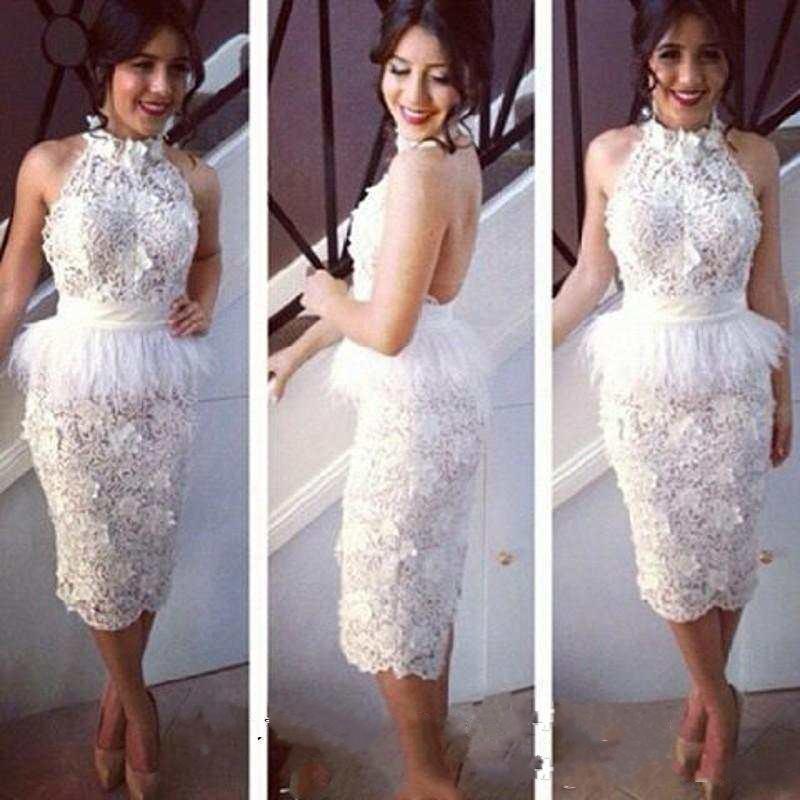 Lace Cocktail Dresses Sheath Short Party Dress Feather White Party Wear Knee Length Christmas Peplum Plus Size Formal Prom Gowns