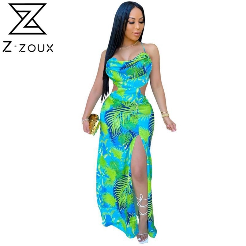 Women Dress Printed Bohemian Deep V Neck Split Backless Spaghetti Strap Maxi es Sexy Long Beach es Summer 210513