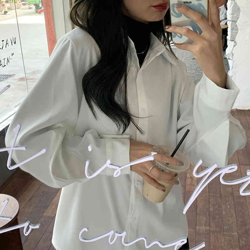 Loose Stylish Brief Lapel Students Chic Oversize Large Size Sweet Slim Gentle All Match Office Lady Shirts 210421