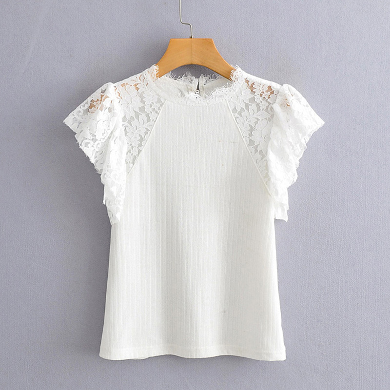 Stylish Lace Patchwork Elastic Blouses Women Fashion O-Neck tops Elegant Ladies Short Batwing Sleeve Tees 210520