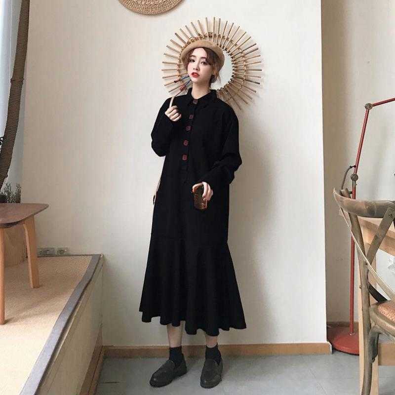 Yedinas Japanese Style Black Maxi Dress Long Sleeve Chic Button Ladies Elegant Large Dresses Party Vestidos Plus Size 4XL 210527