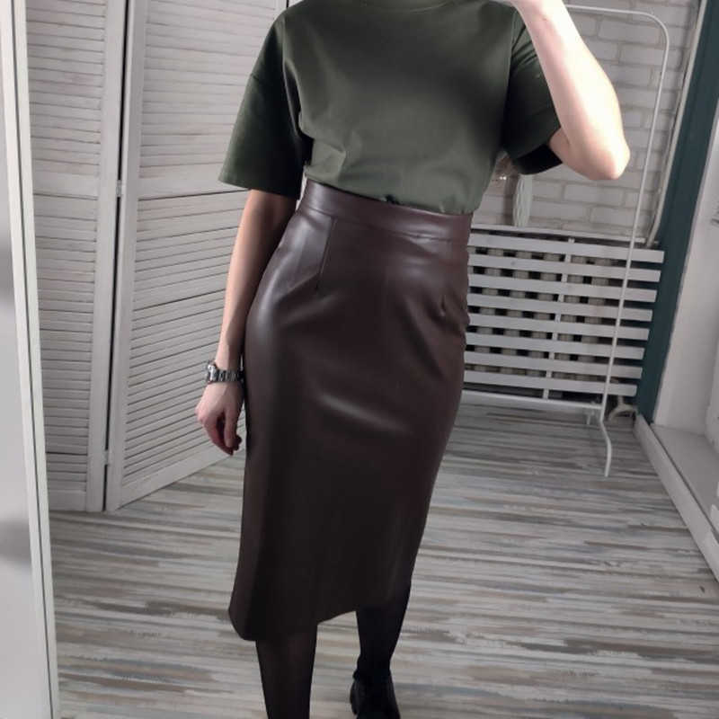 Neophil 74cm Women's Winter Pu Leather Midi Skirts Pencil Bodycon Elegant Office Ladies High Waist Faux Stretch Sexy Skirt S9902 210619