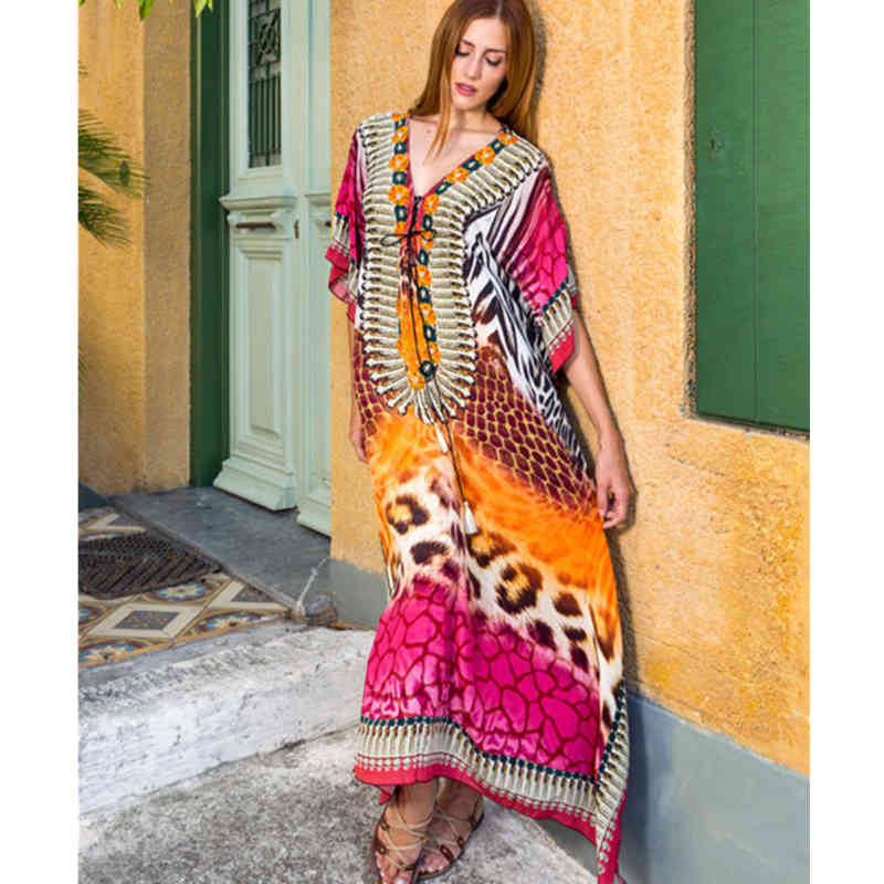 Boho Printed Bikini Cover-ups Elegant V-neck Short Sleeve Plus Size Kaftan Summer Women Beach Wear Swim Suit Cover Up Q1258 210420