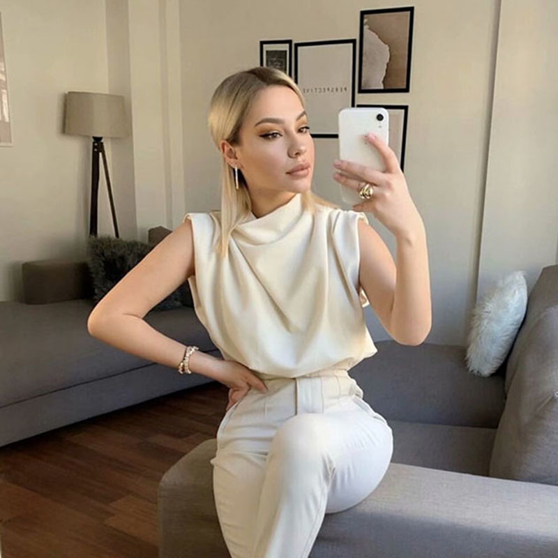 Lucyever Casual Draped Collar Women Blouses Elegant Sleeveless Solid Color Shirts Woman Solid Chic Office Shirt Ladies 210521