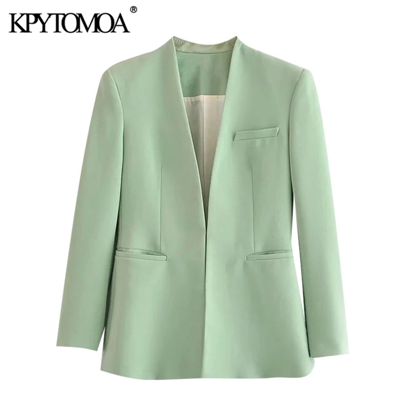 KPYTOMOA Women Fashion Office Wear Collarless Blazer Coat Vintage Long Sleeve Welt Pockets Female Outerwear Chic Veste 211122