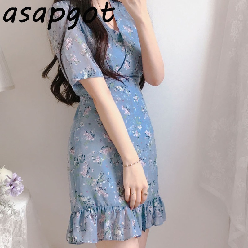 Korean Chic Fresh V Neck Lace Up Chiffon Floral Dress Women Mini Short Sleeve Ruffles Mermaid Summer Sweet Slim Retro Elegant 210429