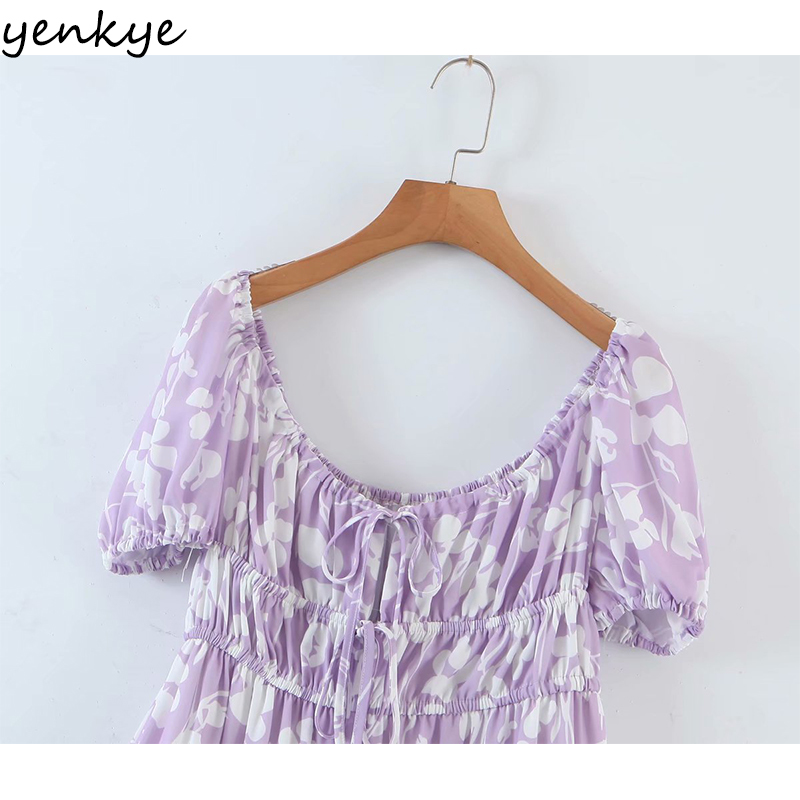 YENKYE Holiday Summer Dress Women Sexy Collar Puff Sleeve Drawstring Lace Up Robe Femme Floral Print Short Vestido Casual 210515