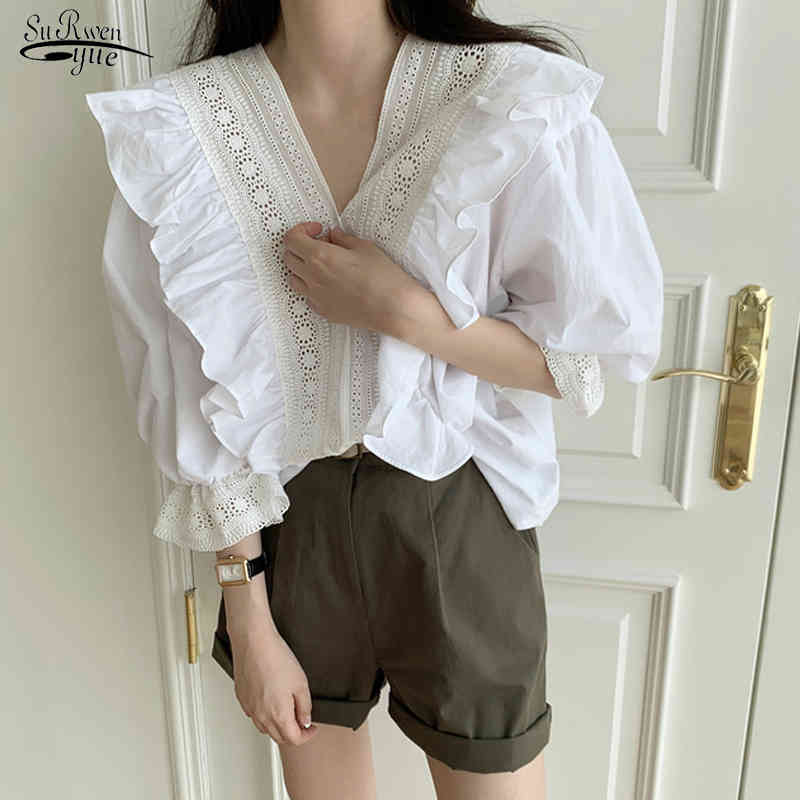 Summer and Spring Korean White Tops Elegant Ruffle Sweet Lace V-neck Cotton Blouse for Women Casual Clothing Blusas 13707 210521, Brown
Summer and Spring Korean White Tops Elegant Ruffle Sweet Lace V-neck Cotton Blouse for Women Casual Clothing Blusas 13707 210521, Brown