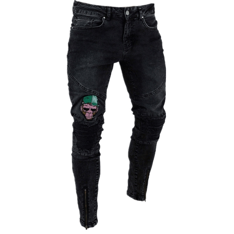 Fashion Mens Skinny black Ripped Slim fit Stretch Denim Frayed Biker Jeans Boys Embroidered Patterns Pencil Trousers 210331